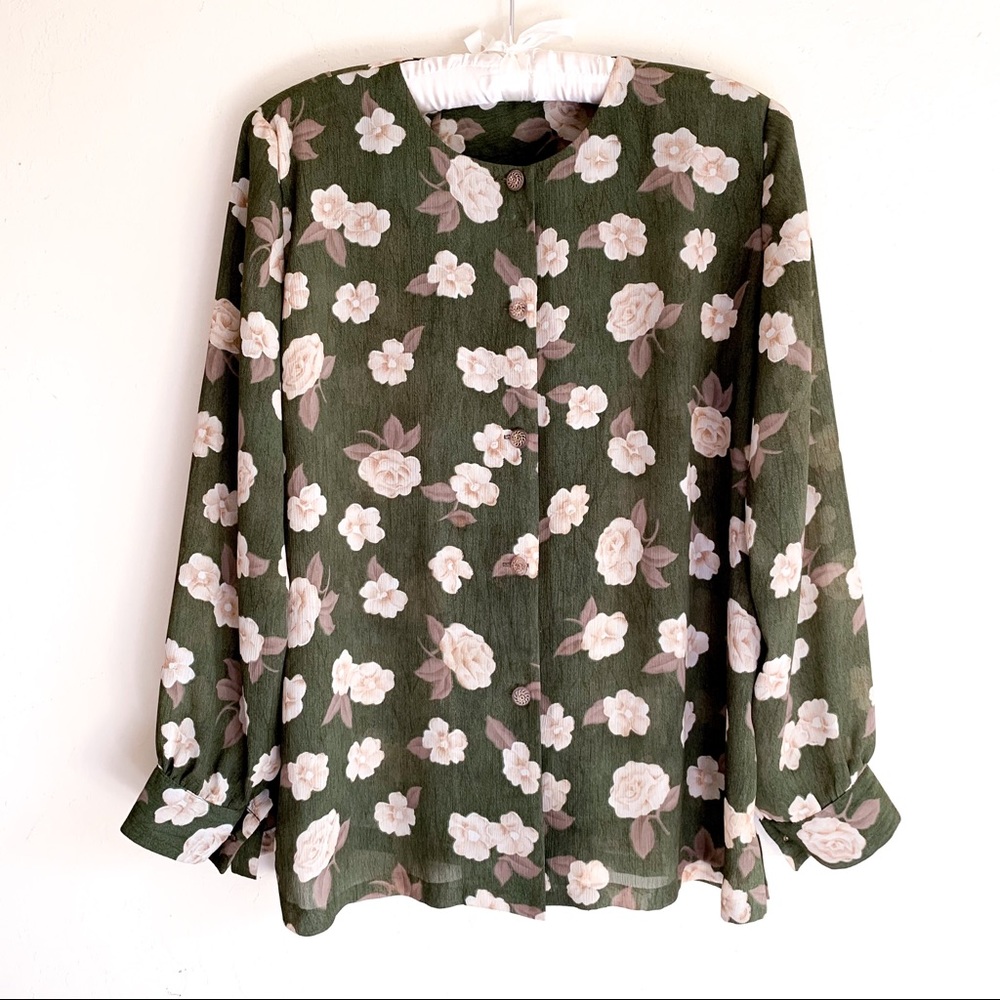 Olive Green Floral Button-Up Blouse